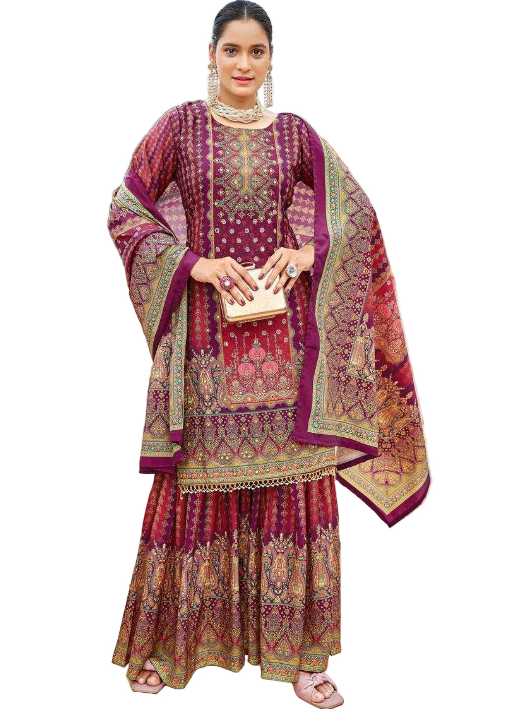 YNF Pure Crape Silk Fully Stitched Sharara Suit with Digital Print & Real Mirror Work