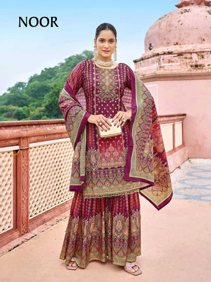 YNF Pure Crape Silk Fully Stitched Sharara Suit with Digital Print & Real Mirror Work