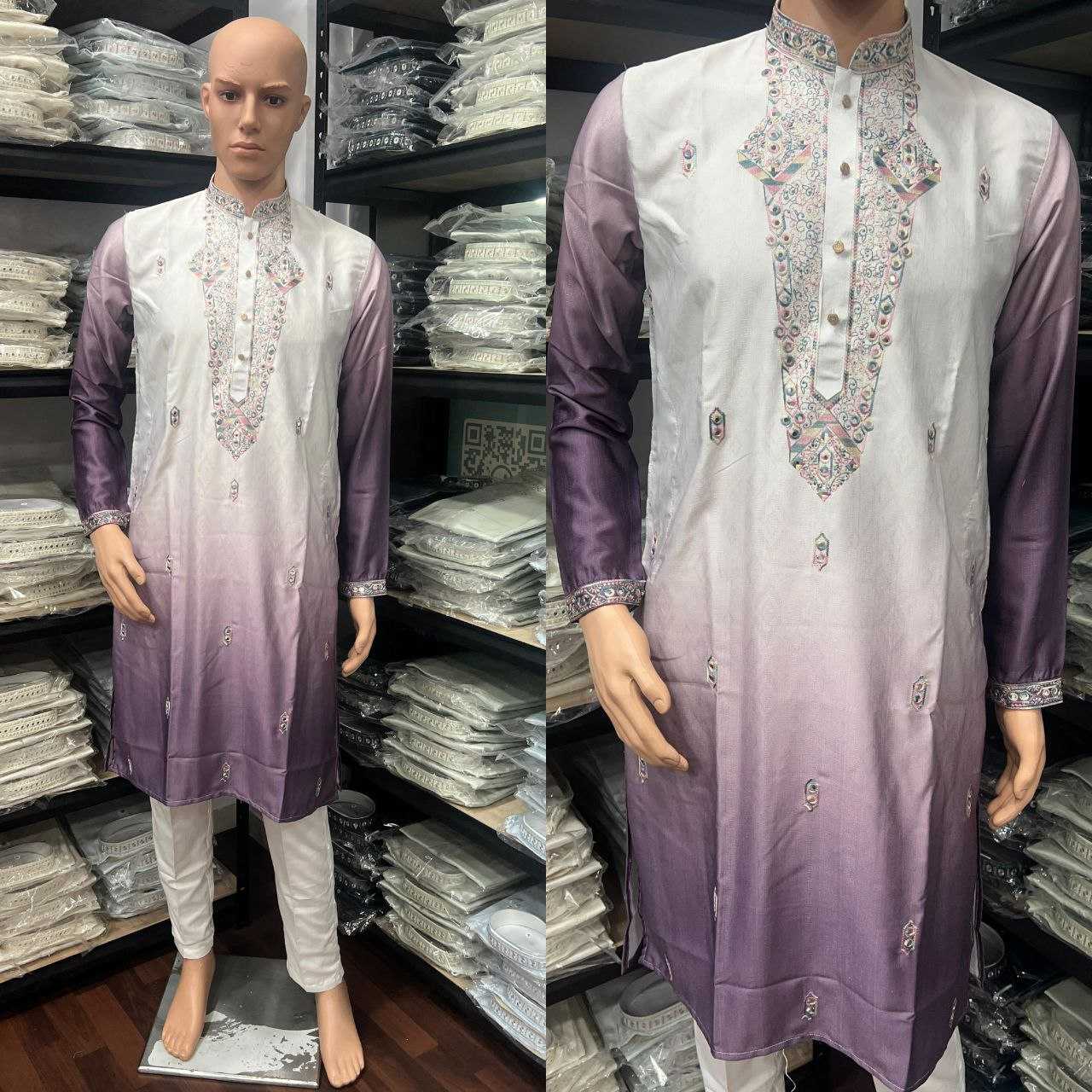 RE Men's Premium Cotton Silk Kurta Pajama Set with Mirror & Embroidery Work