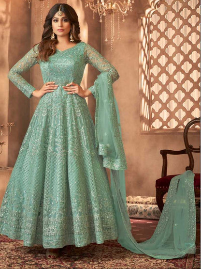 YNF Designer Net Semi-Stitched Anarkali Suit with Heavy Sequence Coding Embroidery