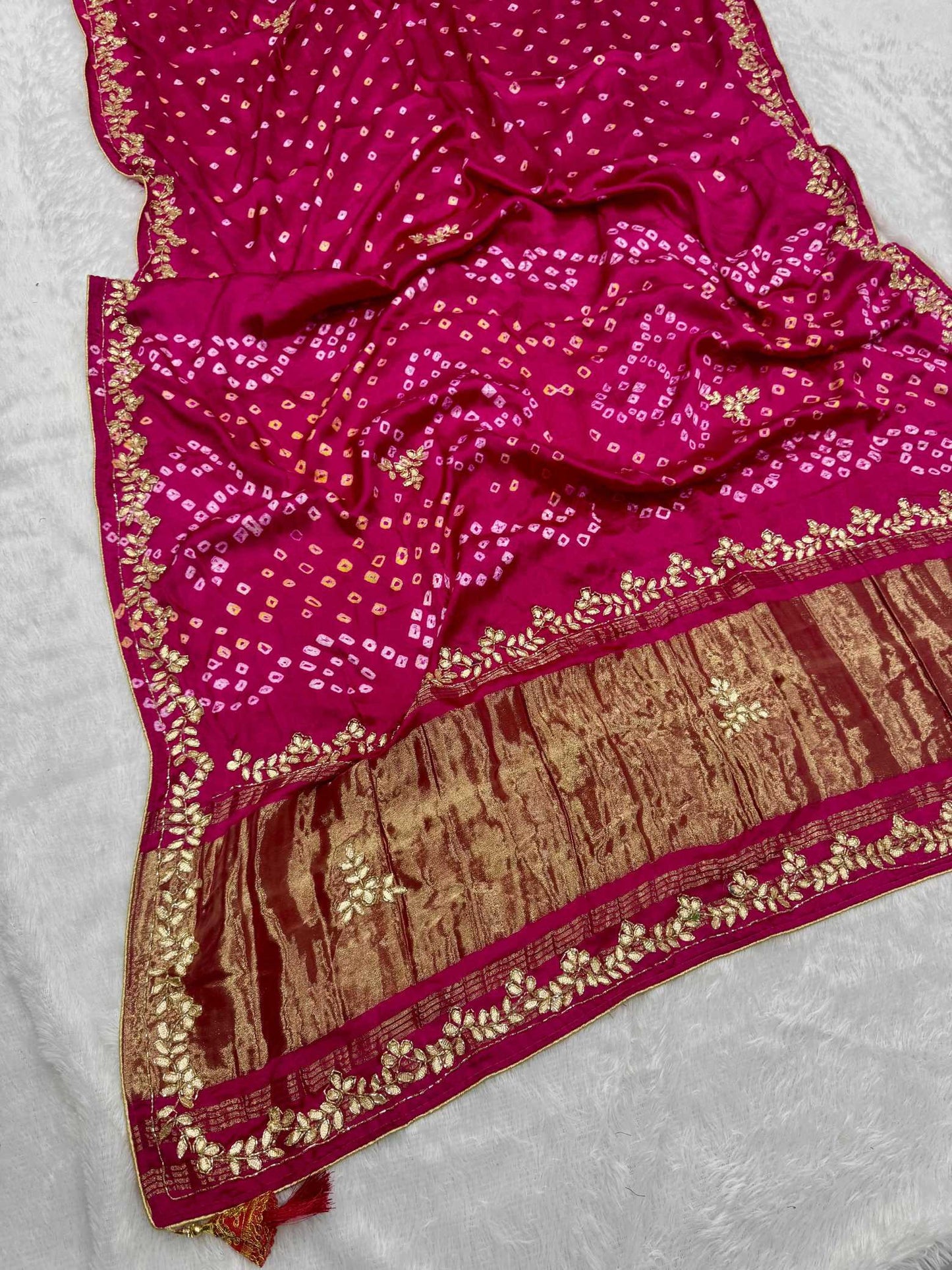 YNF Pure Model Gaji Silk Bandhej Saree with Original Lagadi Patta & Hand Work