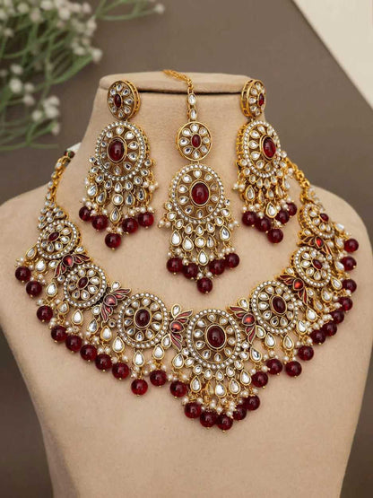 YNF Kundan Necklace Earrings Maangtika Set | Wedding Jewelry | 4 Color Options