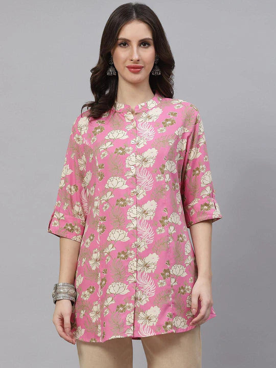 Divena Mustard Floral Rayon A-lineTop - SSDBK1225-23 Pink