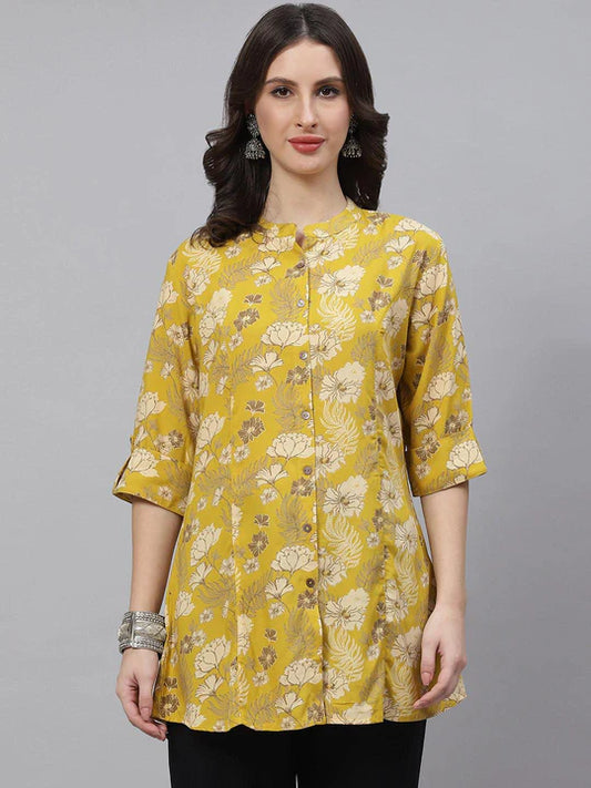 Divena Mustard Floral Rayon A-lineTop - SSDBK1225-23 Mustard Yellow