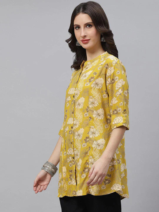 Divena Mustard Floral Rayon A-lineTop - SSDBK1225-23