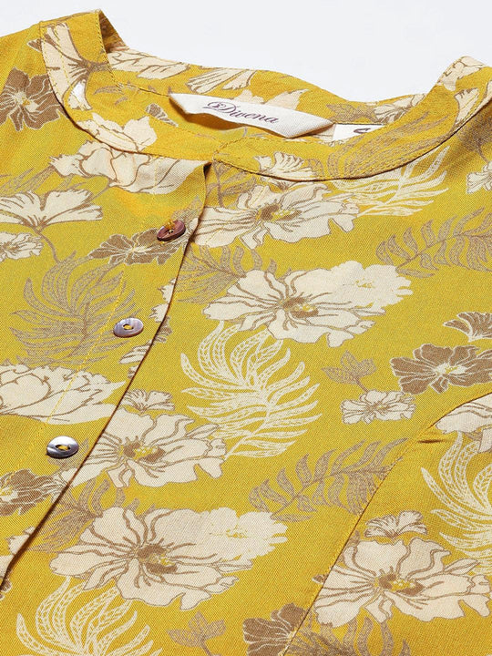 Divena Mustard Floral Rayon A-lineTop - SSDBK1225-23