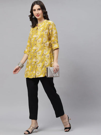 Divena Mustard Floral Rayon A-lineTop - SSDBK1225-23