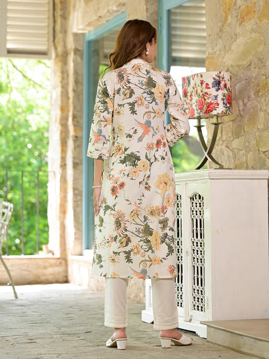 Divena Cream Floral Printed Straight Cotton Kurta Set-SSDBK1384