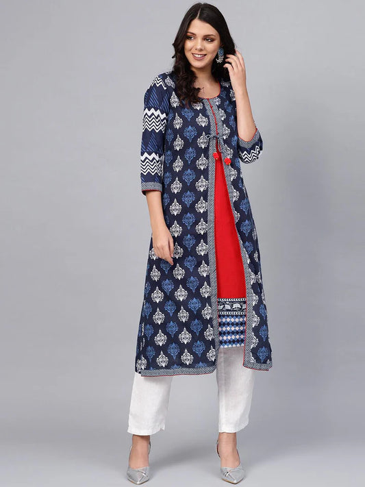 Divena Women's A-Line Navy Blue Floral Cotton Kurta - SSDK0128 XS Navy Blue