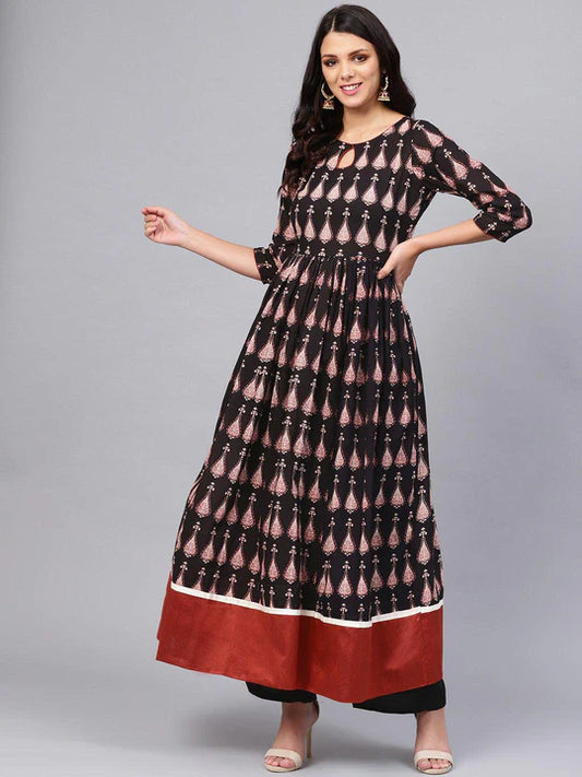Divena Women's A-Line Black Floral Anarkali Cotton Kurta - SSDK0504 Black