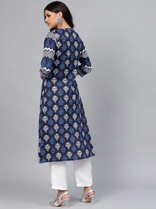 Divena Women's A-Line Navy Blue Floral Cotton Kurta - SSDK0128 Navy Blue