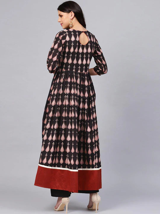 Divena Women's A-Line Black Floral Anarkali Cotton Kurta - SSDK0504