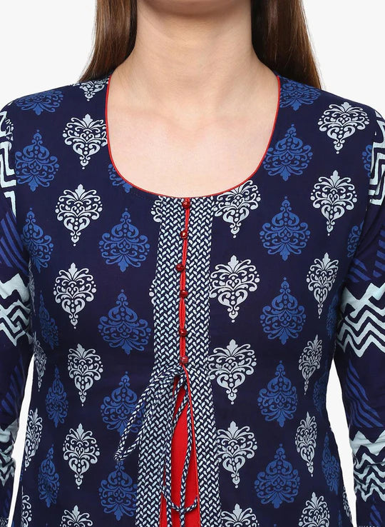 Divena Women's A-Line Navy Blue Floral Cotton Kurta - SSDK0128