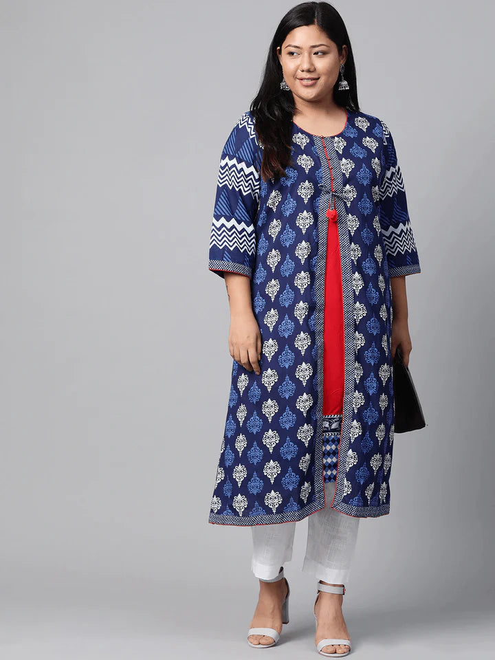 Divena Women's A-Line Navy Blue Floral Cotton Kurta - SSDK0128 Navy Blue