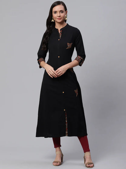 Divena Women's A-Line Black Casual Wear Cotton Kurta -SSDK0513 Black