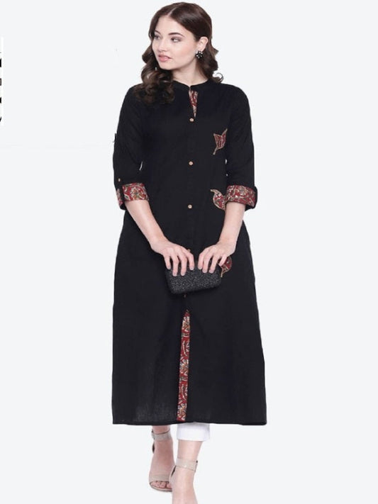 Divena Women's A-Line Black Casual Wear Cotton Kurta -SSDK0513 Black