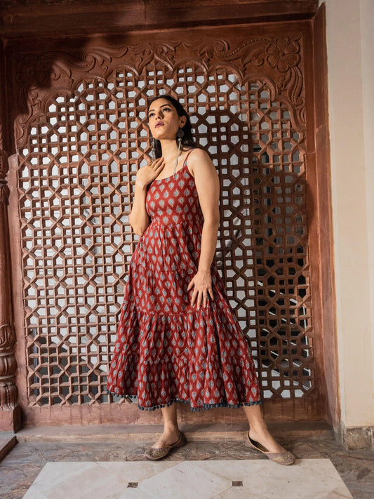 Divena Maroon/Navy Blue Buti Printed Shoulder Strip Long dress- SSDK0717 Maroon