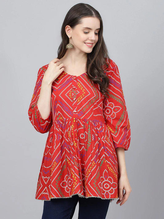 Divena Red Bandhani Printed Cotton Peplum Top - SSDK0808