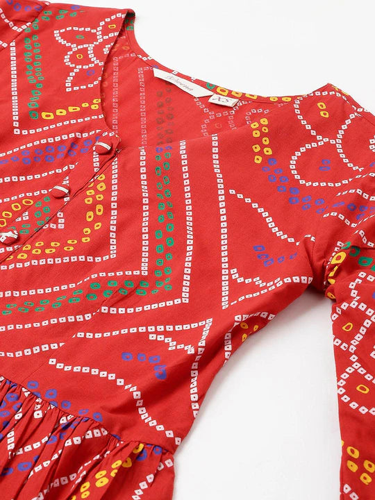 Divena Red Bandhani Printed Cotton Peplum Top - SSDK0808