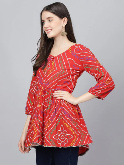 Divena Red Bandhani Printed Cotton Peplum Top - SSDK0808