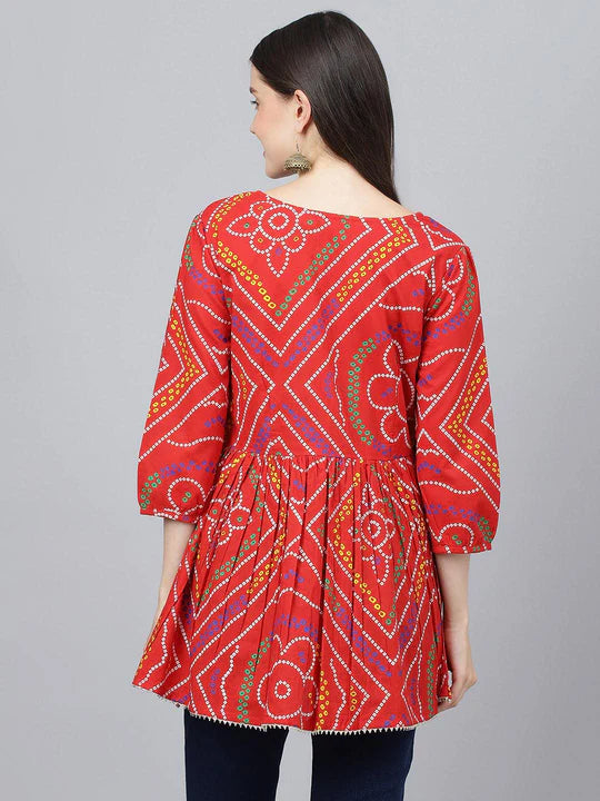 Divena Red Bandhani Printed Cotton Peplum Top - SSDK0808