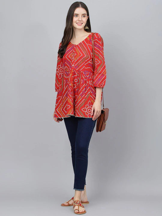 Divena Red Bandhani Printed Cotton Peplum Top - SSDK0808