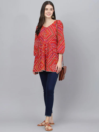 Divena Red Bandhani Printed Cotton Peplum Top - SSDK0808