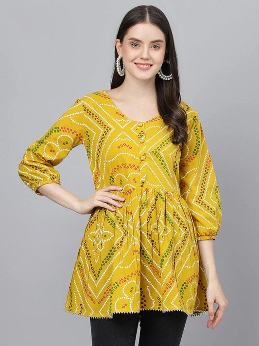 Divena Mustard Bandhani Printed Cotton Peplum Top-SSDK0809
