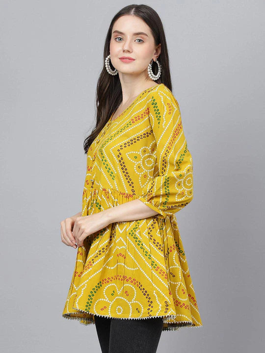 Divena Mustard Bandhani Printed Cotton Peplum Top-SSDK0809