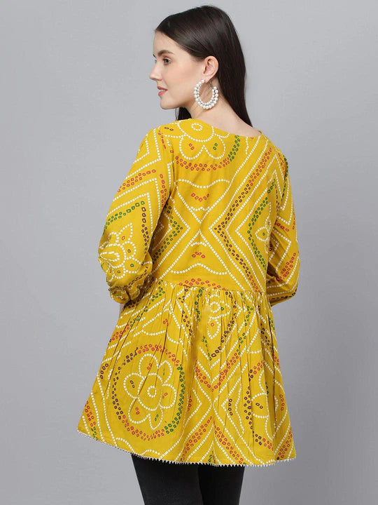 Divena Mustard Bandhani Printed Cotton Peplum Top-SSDK0809