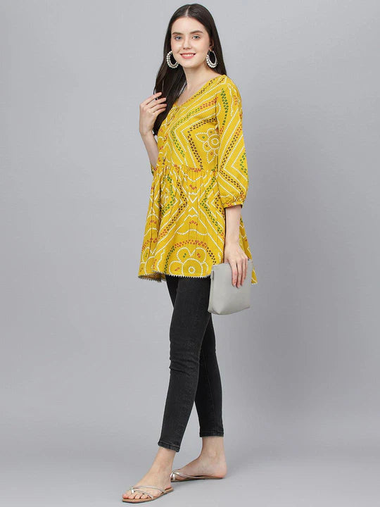 Divena Mustard Bandhani Printed Cotton Peplum Top-SSDK0809