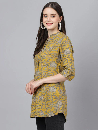 Divena Mustard Floral printed Rayon A-line Shirts Style Top - SSDK0880