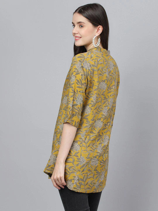 Divena Mustard Floral printed Rayon A-line Shirts Style Top - SSDK0880