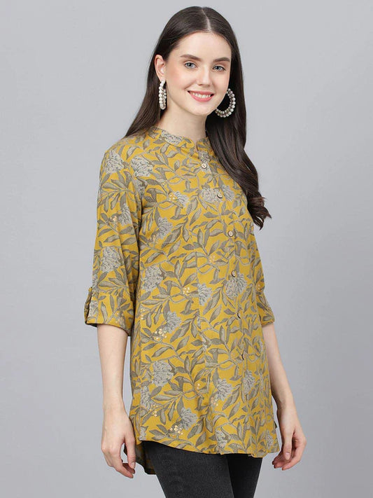 Divena Mustard Floral printed Rayon A-line Shirts Style Top - SSDK0880