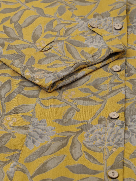Divena Mustard Floral printed Rayon A-line Shirts Style Top - SSDK0880