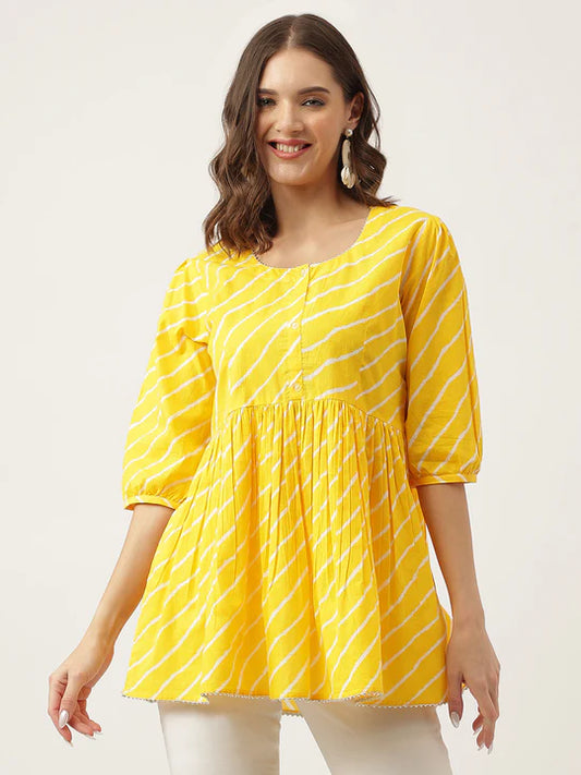 Divena Yellow Ethnic Motif Print Modal Chanderi Top-SSDK0989