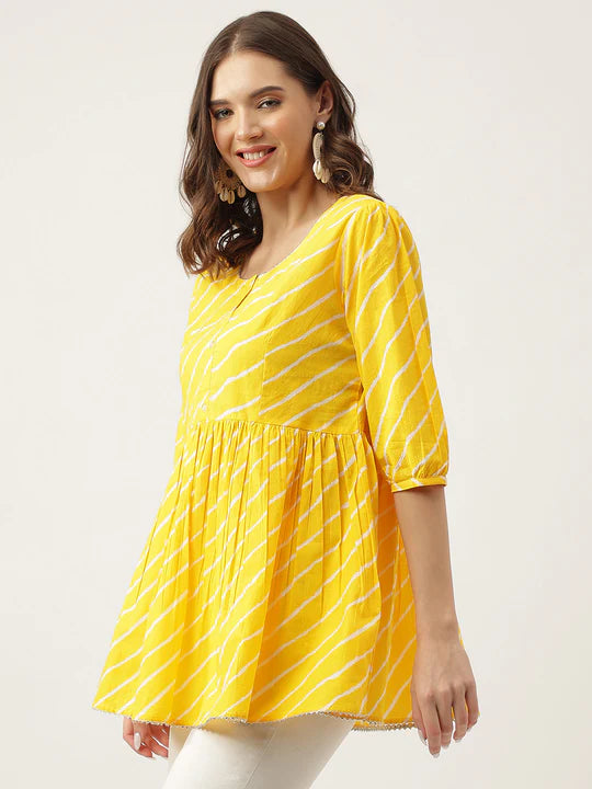 Divena Yellow Ethnic Motif Print Modal Chanderi Top-SSDK0989