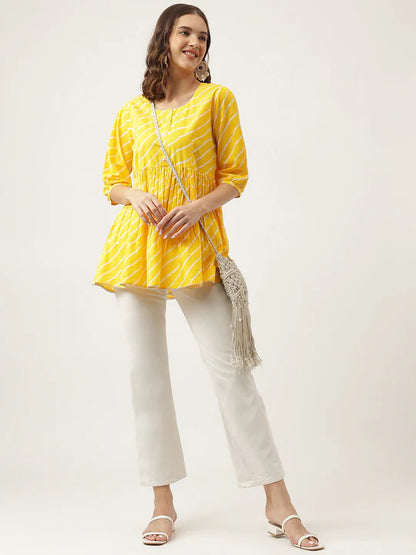 Divena Yellow Ethnic Motif Print Modal Chanderi Top-SSDK0989
