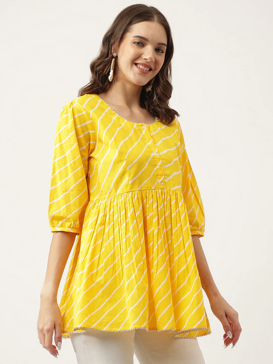 Divena Yellow Ethnic Motif Print Modal Chanderi Top-SSDK0989