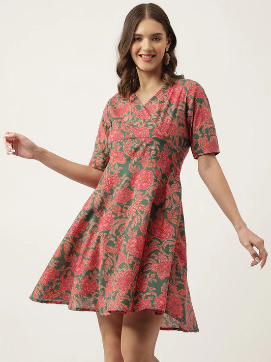 Divena Grey Pink Floral Printed Cotton Fit & Flare Mini Dress - SSDK1010