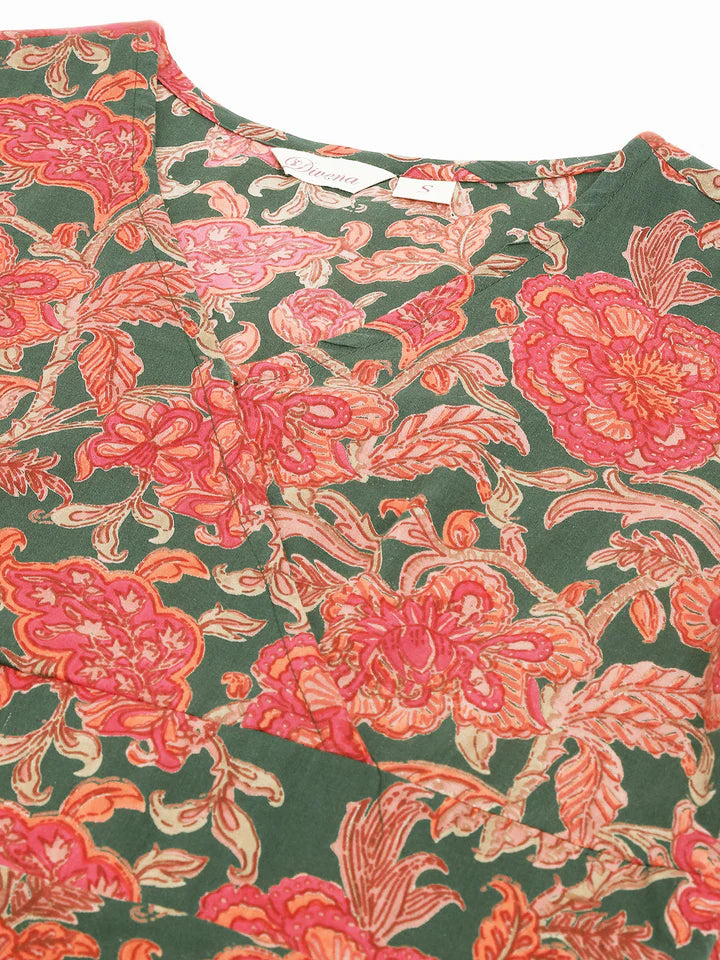 Divena Grey Pink Floral Printed Cotton Fit & Flare Mini Dress - SSDK1010