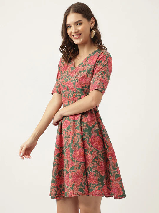 Divena Grey Pink Floral Printed Cotton Fit & Flare Mini Dress - SSDK1010