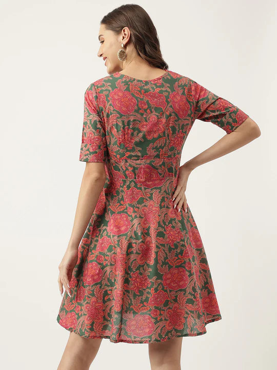Divena Grey Pink Floral Printed Cotton Fit & Flare Mini Dress - SSDK1010