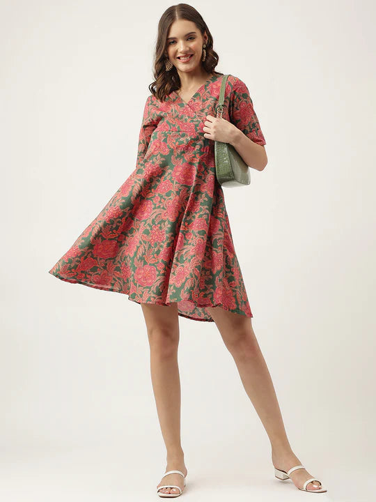 Divena Grey Pink Floral Printed Cotton Fit & Flare Mini Dress - SSDK1010