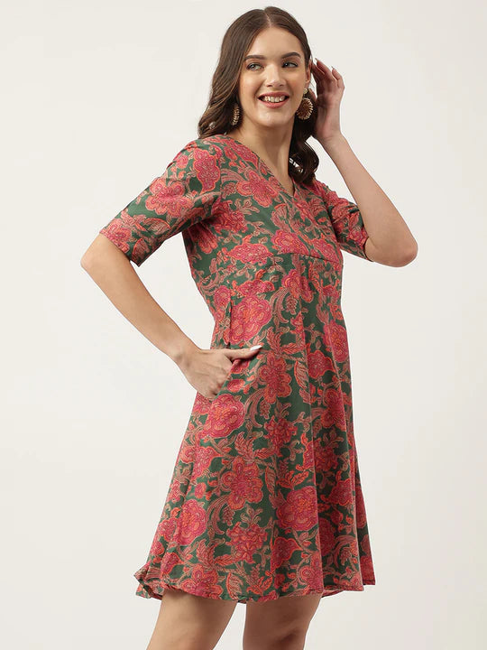 Divena Grey Pink Floral Printed Cotton Fit & Flare Mini Dress - SSDK1010