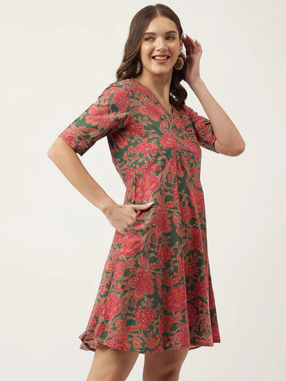 Divena Grey Pink Floral Printed Cotton Fit & Flare Mini Dress - SSDK1010