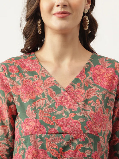 Divena Grey Pink Floral Printed Cotton Fit & Flare Mini Dress - SSDK1010