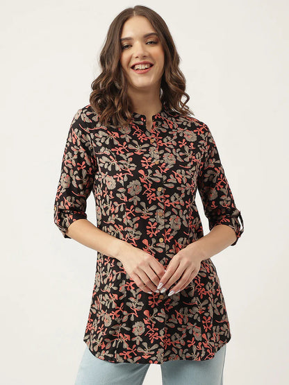 Divena Black Floral Printed Rayon Shirt Style Top-SSDK1018