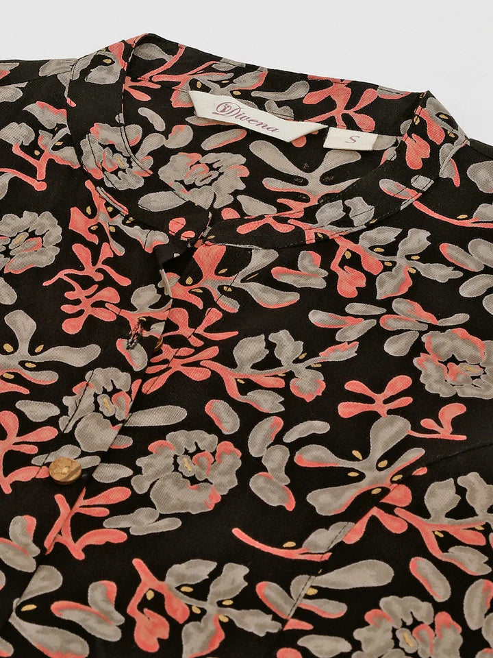 Divena Black Floral Printed Rayon Shirt Style Top-SSDK1018