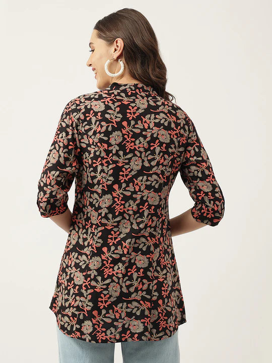 Divena Black Floral Printed Rayon Shirt Style Top-SSDK1018